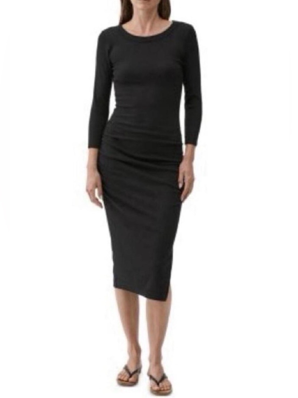Michael Stars Ultra Rib Olive Green 3/4 Sleeve Ruched Midi Dress with Side Slit - Picture 9 of 9